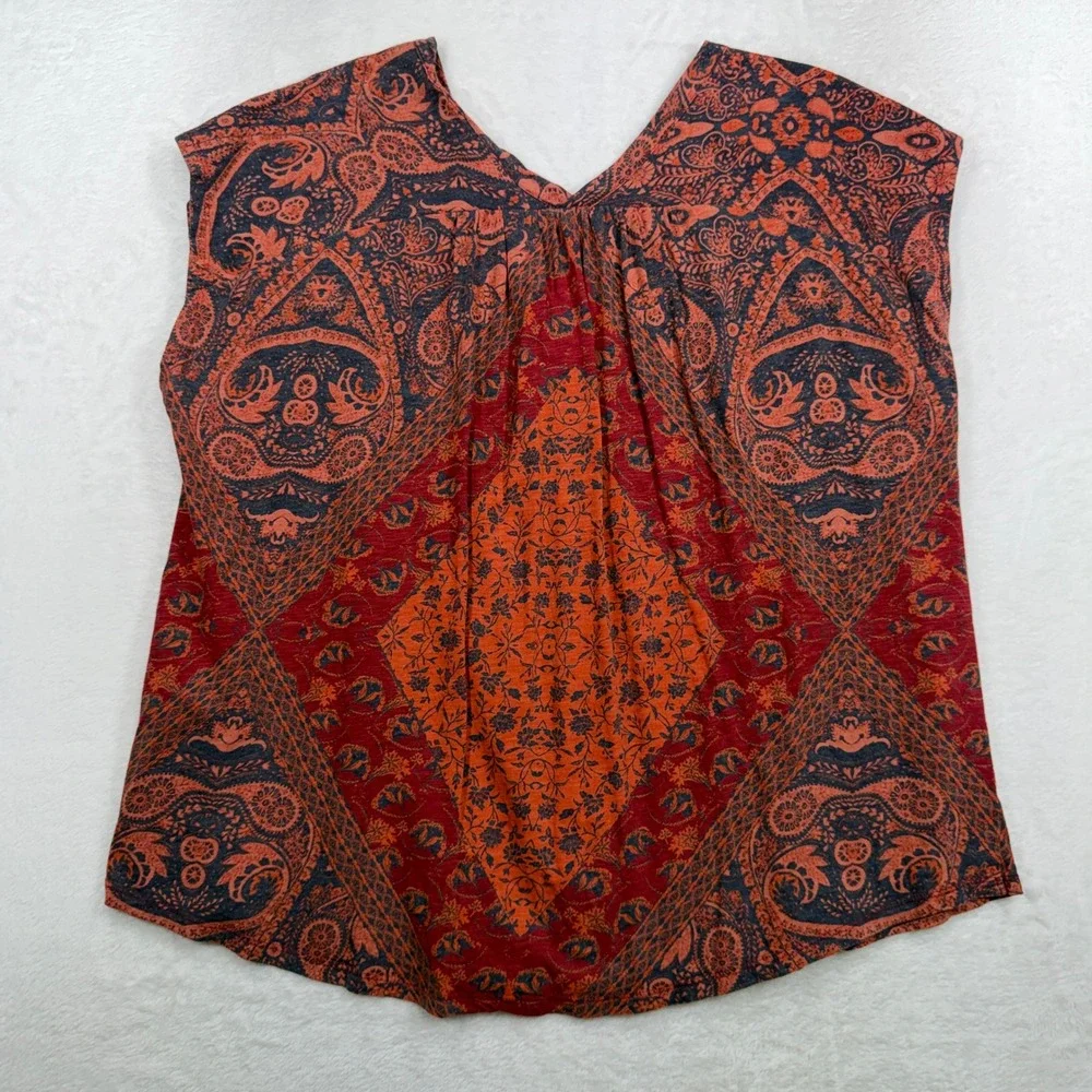 Lucky Brand Plus 1X Boho Top Button Front Cap Sleeve Paisley Medallion Peasant - Picture 11 of 12